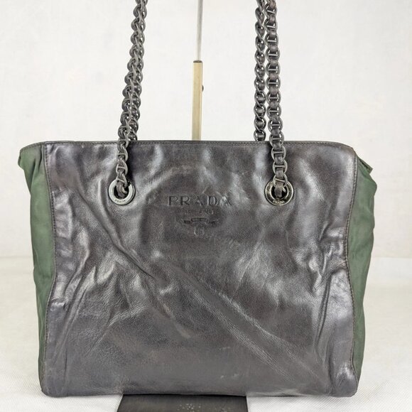 Authentic PRADA Leather/Nylon Chain Shoulder Bag Brown/Green Made in Italy - Picture 1 of 16